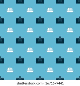 Set Gift box and Marzipan sponge cake on seamless pattern. Vector