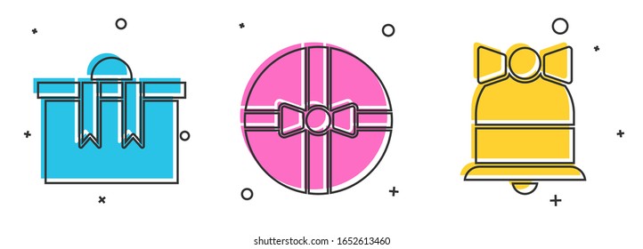 Set Gift box, Gift box and Merry Christmas ringing bell icon. Vector