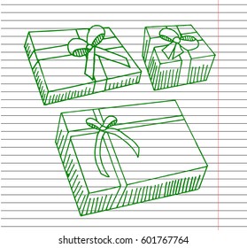 Set of gift box on copybook background. Hand drawn. Vector illustration.