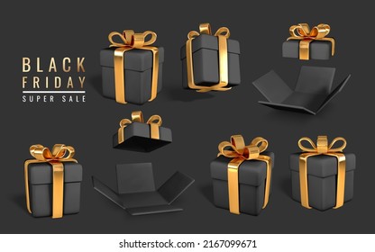 Set of Gift Box on dark background. Black friday promo banner design. Vector Illustration.