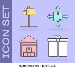 Set Gift box , Open mail box , Warehouse  and Cardboard box with traffic symbol icon. Vector