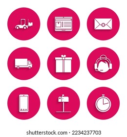 Set Gift box, Open mail, Stopwatch, Support operator in touch, Mobile phone with app delivery tracking, Delivery cargo truck vehicle, Envelope and Forklift icon. Vector