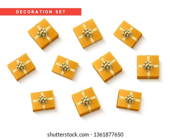 Set gift box orange, with gold ribbon and bow. Realistic isolated different gift boxes. Flat lay, top view