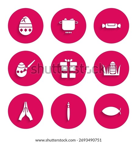 Set Gift box, Paint brush, Christian fish, Easter egg, Hands praying position, paint, Candy and Cracked icon. Vector