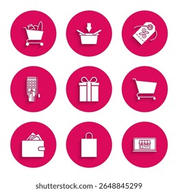 Set Gift box, Paper shopping bag, Shopping building on screen laptop, cart, Wallet with stacks paper money cash, Pos terminal inserted credit card, Discount percent tag and and food icon. Vector