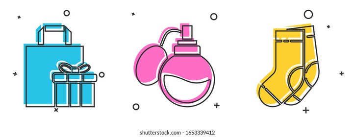Establecer cuadro de regalo, icono Perfume y zócalos. Vector