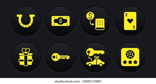 Set Gift box, Playing card with heart, Old key, Car gift, Casino chips exchange, Stacks paper money cash, Online poker table game and Horseshoe icon. Vector