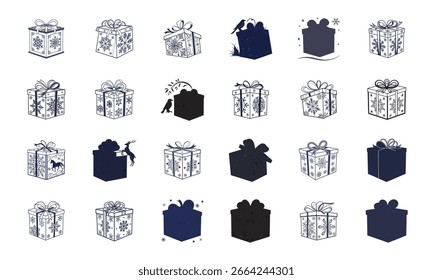 Set of Gift Box and Present Icon Silhouettes with People, Ribbons, Balloons, and Decorative Designs in Vector Style

