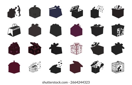 Set of Gift Box and Present Icon Silhouettes with People, Ribbons, Balloons, and Decorative Designs in Vector Style

