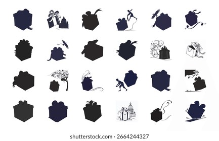 Set of Gift Box and Present Icon Silhouettes with People, Ribbons, Balloons, and Decorative Designs in Vector Style

