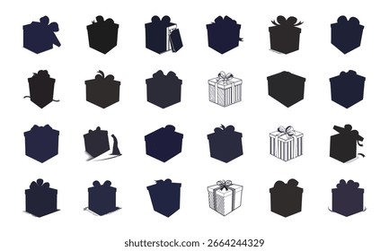 Conjunto de caja de regalo y siluetas de iconos presentes con Personas, cintas, globos y Diseños decorativos en estilo de Vector

