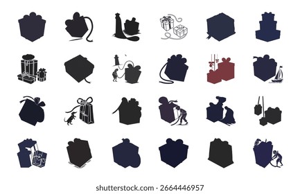 Set of Gift Box and Present Icons with Decorative Ribbons, Shopping Bags, Celebration Elements, and Festive Silhouettes for Parties and Holidays