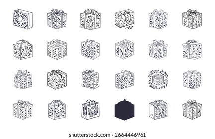 Set of Gift Box and Present Icons with Decorative Ribbons, Shopping Bags, Celebration Elements, and Festive Silhouettes for Parties and Holidays