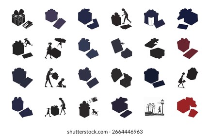 Set of Gift Box and Present Icons with Decorative Ribbons, Shopping Bags, Celebration Elements, and Festive Silhouettes for Parties and Holidays