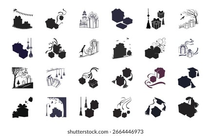 Set of Gift Box and Present Icons with Decorative Ribbons, Shopping Bags, Celebration Elements, and Festive Silhouettes for Parties and Holidays