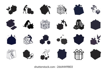 Set of Gift Box and Present Icons with Decorative Ribbons, Shopping Bags, Celebration Elements, and Festive Silhouettes for Parties and Holidays