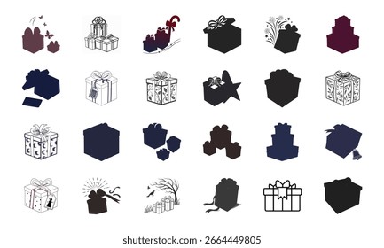 Conjunto de cajas de regalo y iconos de regalo con cintas decorativas, bolsas de compras, Elementos de celebración y siluetas festivas para fiestas y Días festivos