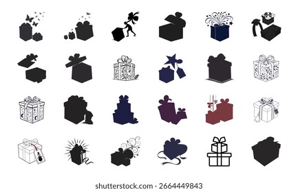 Conjunto de Caixa de Presente e Ícones Presentes com Fitas Decorativas, Sacos de Compras, Elementos de Celebração e Silhuetas Festivas para Festas e Feriados