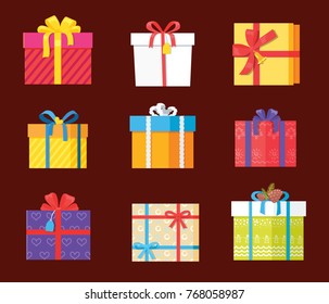 Set of gift box presents wrapped packages icons vector. Packed holiday boxing with bows and ribbon decoration isolated on burgundy background