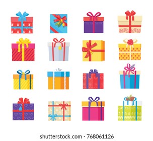 Set of gift box presents wrapped packages icons vector. Packed holiday boxing with bows and ribbon decoration isolated on white in cartoon style