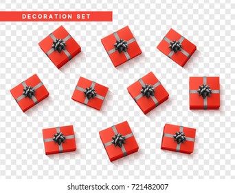 Set gift box red, with black ribbon and bow. Realistic isolated different gift boxes. Flat lay, top view