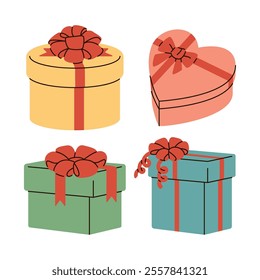 Set of gift box with red bow, present. Vector hand drawing illustration isolated. Holiday, christmas, event, xmas, congratulations concept.