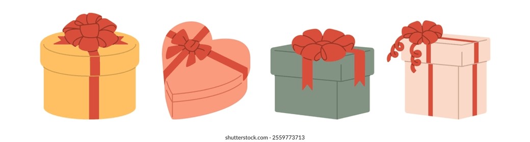 Set of gift box with red bow, present. Vector hand drawing illustration isolated. Holiday, event, xmas, congratulations concept.