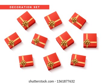 Set gift box red, with gold ribbon and bow. Realistic isolated different gift boxes. Flat lay, top view