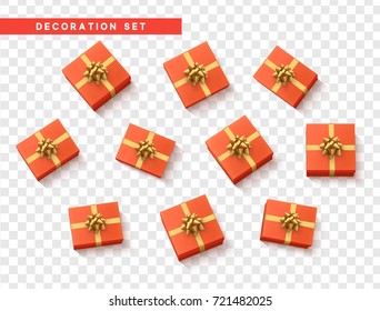 Set gift box red, with gold ribbon and bow. Realistic isolated different gift boxes. Flat lay, top view