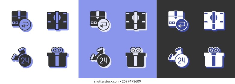 Set Gift box, Return cardboard, Telephone 24 hours support and Stacks paper money cash icon. Vector