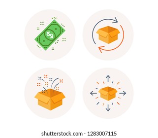 Set of Gift box, Return parcel and Dollar money icons. Parcel delivery sign. Birthday present, Exchange goods, Cash payment. Tracking box. Colorful icons in round buttons. Vector