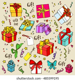 Set of Gift box with ribbon doodle cartoon hand drawn vector illustration