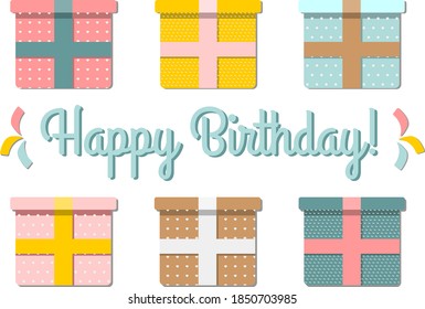 Set of gift box with ribbon. Happy birthday congratulation postcard