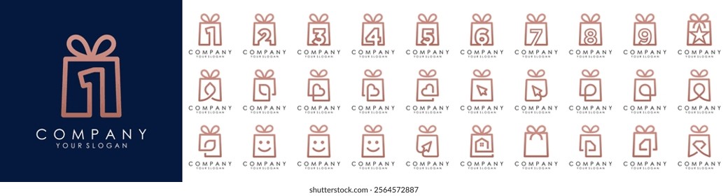 set of Gift box with ribbon logo design. outline vector sign, linear style pictogram isolated. Symbol, vector illustration.