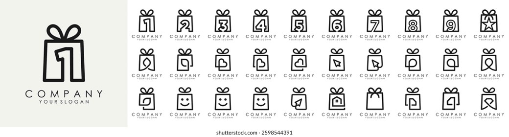 set of Gift box with ribbon logo design. outline vector sign, linear style pictogram isolated. Symbol, vector illustration.