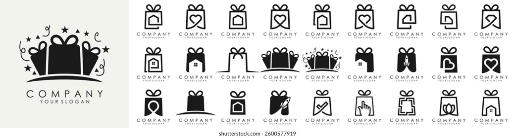 set of Gift box with ribbon logo design. outline vector sign, linear style pictogram isolated. Symbol, vector illustration.