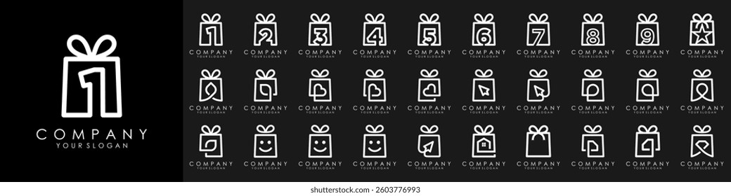 set of Gift box with ribbon logo design. outline vector sign, linear style pictogram isolated. Symbol, vector illustration.