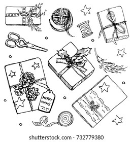 Set of Gift box with ribbon  and string. Hand drawn realistic illustration. .