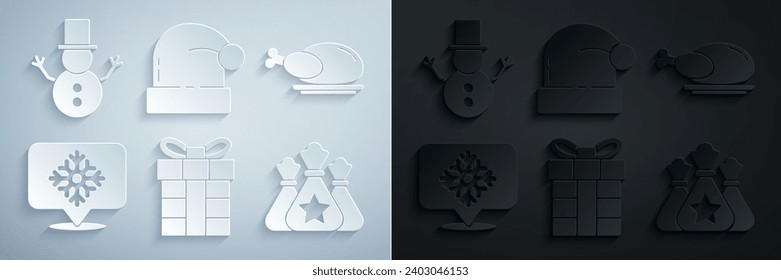 Set Gift box, Roasted turkey or chicken, Snowflake with speech bubble, Santa Claus bag gift, Christmas hat and snowman icon. Vector