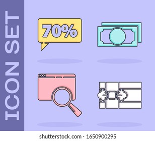 Set Gift box, Seventy discount percent tag, Search in a browser window and Stacks paper money cash icon. Vector