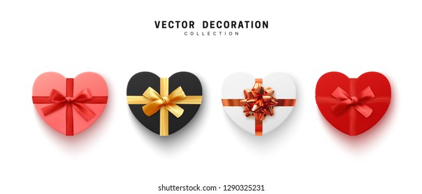 Set Gift box shape heart with bow. Realistic 3d design surprise box. Festive decorative elements. Gift Present isolated on white background. vector illustration