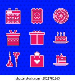 Set Gift box, Shopping bag with heart, Cake, burning candles, Dart arrow, Pizza and Birthday calendar icon. Vector