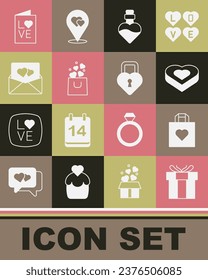 Set Gift box, Shopping bag with heart, Candy shaped, Bottle love potion, Envelope Valentine, Valentines day party flyer and Castle the of icon. Vector