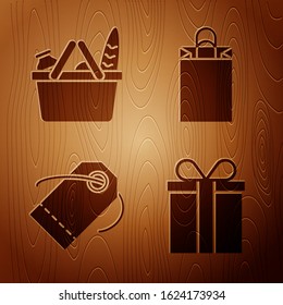 Set Gift box, Shopping basket and food, Blank label template price tag and Paper shopping bag on wooden background. Vector