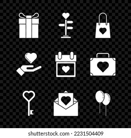 Set Gift box, Signpost with heart, Shopping bag, Key shape, Envelope Valentine, Balloons ribbon, Heart hand and Calendar icon. Vector