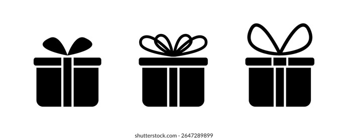 Conjunto de silhuetas da caixa de presente. Apresentar pacotes formas com arcos de fita isolados no plano de fundo branco. Pictogramas de prêmio, surpresa ou software. Ilustração gráfica vetorial.