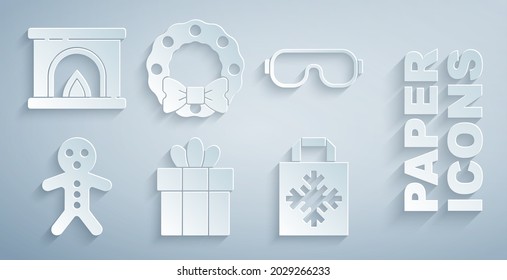 Set Gift box, Ski goggles, Holiday gingerbread man cookie, Christmas shopping bag, wreath and Interior fireplace icon. Vector