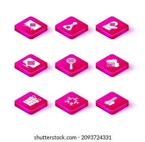 Set Gift box, Snowflake, with speech bubble, Magnifying glass snowflake, Meteorology thermometer measuring, Cloud, Christmas mitten and Santa Claus bag gift icon. Vector