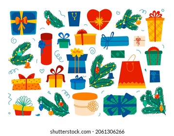 Set of gift box, spruce branches, collection of decorative Christmas tree branches. Colorful cartoon New Year illustration isolated on white background. Vector art