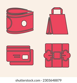 Set Gift box, Stacks paper money cash, Paper shopping bag and Credit card icon. Vector